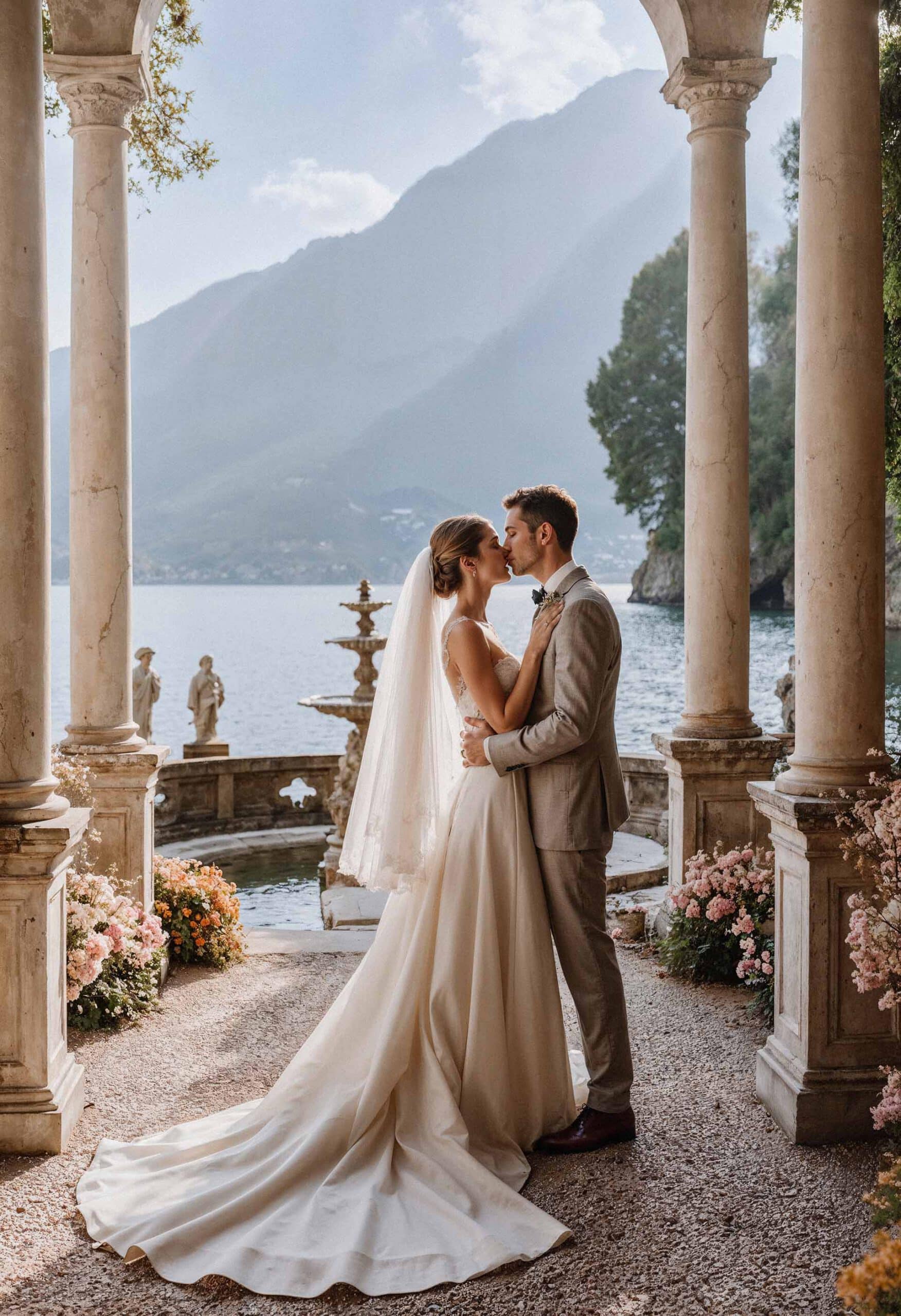 Bruidspaar dat kust bij een meer met bergen op de achtergrond – romantische trouwshoot – huwelijksvideograaf 4K